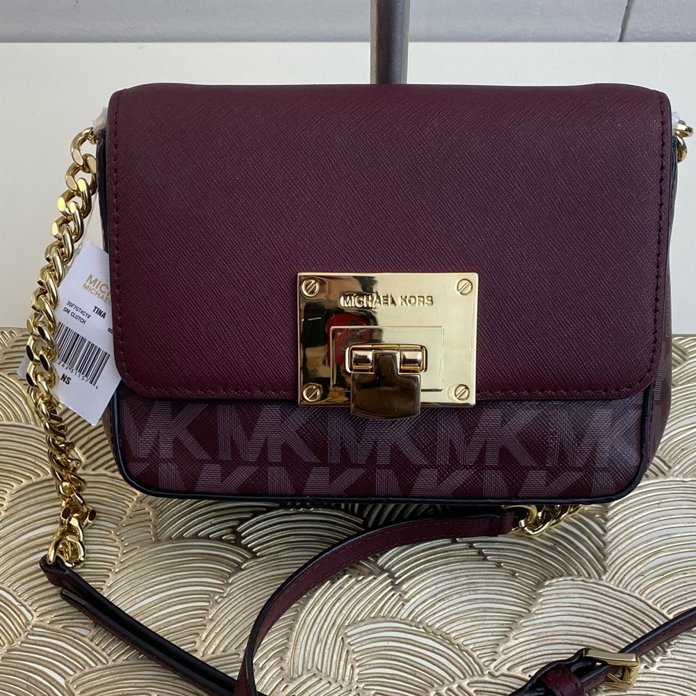 Michael Kors Burgundy and Gold Tina Mini Crossbody Bag